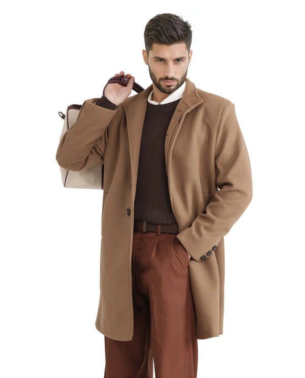 Rare Rabbit Men Dune-2 Mustard Polyester Rayon Fabric Full Sleeve High Neck Button Closure Textured Long Coat