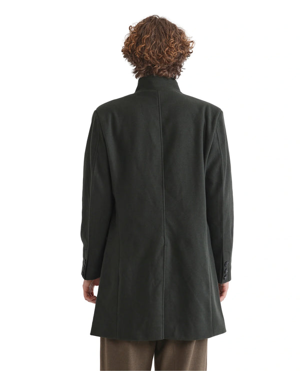Rare Rabbit Men Dune-2 Olive Polyester Rayon Fabric Full Sleeve High Neck Button Closure Textured Long Coat