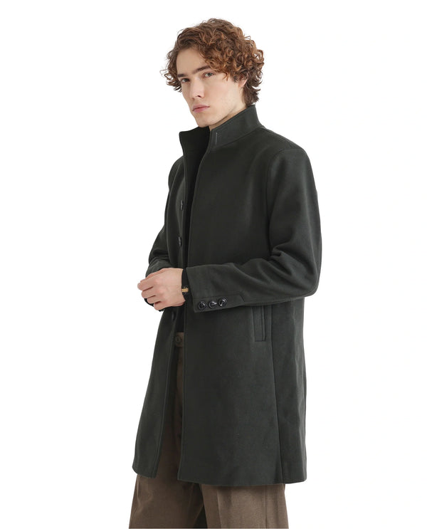 Rare Rabbit Men Dune-2 Olive Polyester Rayon Fabric Full Sleeve High Neck Button Closure Textured Long Coat