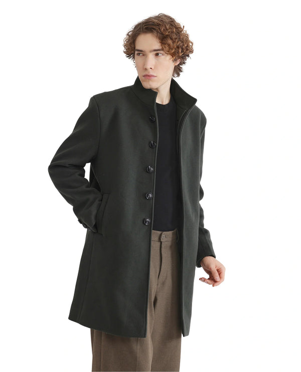 Rare Rabbit Men Dune-2 Olive Polyester Rayon Fabric Full Sleeve High Neck Button Closure Textured Long Coat