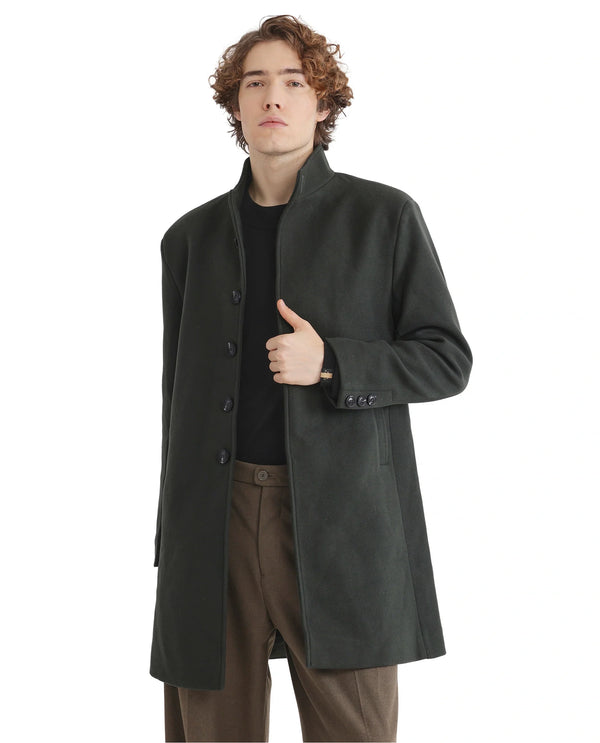 Rare Rabbit Men Dune-2 Olive Polyester Rayon Fabric Full Sleeve High Neck Button Closure Textured Long Coat