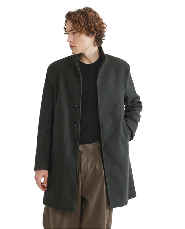 Rare Rabbit Men Dune-2 Olive Polyester Rayon Fabric Full Sleeve High Neck Button Closure Textured Long Coat
