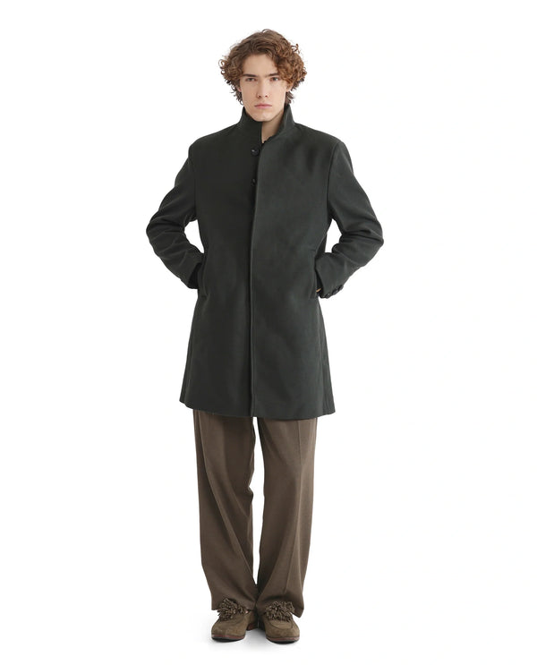 Rare Rabbit Men Dune-2 Olive Polyester Rayon Fabric Full Sleeve High Neck Button Closure Textured Long Coat