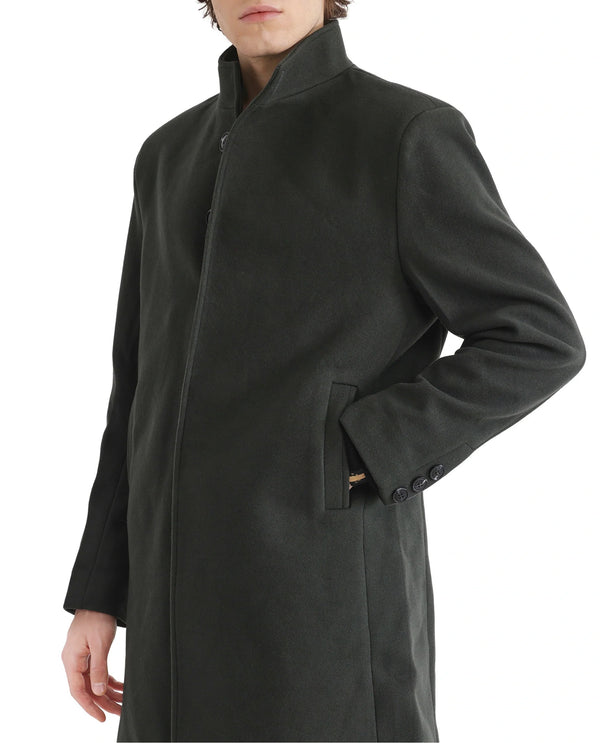 Rare Rabbit Men Dune-2 Olive Polyester Rayon Fabric Full Sleeve High Neck Button Closure Textured Long Coat