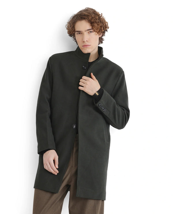Rare Rabbit Men Dune-2 Olive Polyester Rayon Fabric Full Sleeve High Neck Button Closure Textured Long Coat