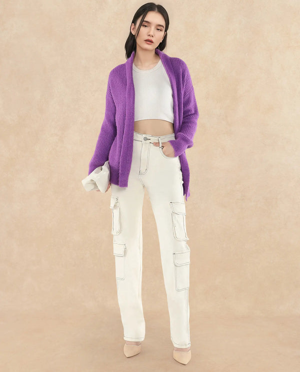 Rareism Women Jug Purple Acrylic Polyester Fabric Relaxed Fit Plain Shrug