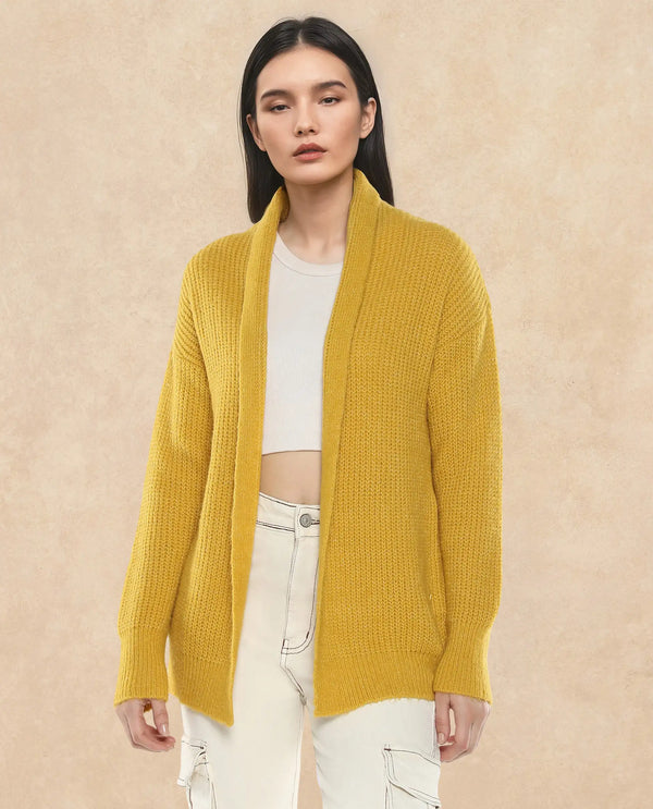 Rareism Women Jug Yellow Acrylic Polyester Fabric Relaxed Fit Plain Shrug