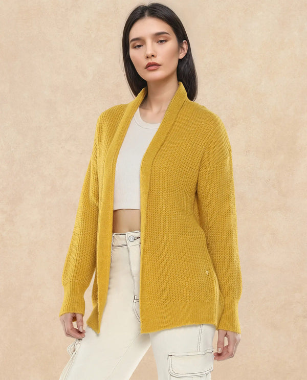 Rareism Women Jug Yellow Acrylic Polyester Fabric Relaxed Fit Plain Shrug