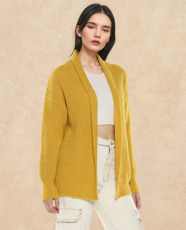Rareism Women Jug Yellow Acrylic Polyester Fabric Relaxed Fit Plain Shrug