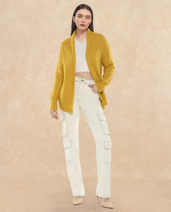 Rareism Women Jug Yellow Acrylic Polyester Fabric Relaxed Fit Plain Shrug