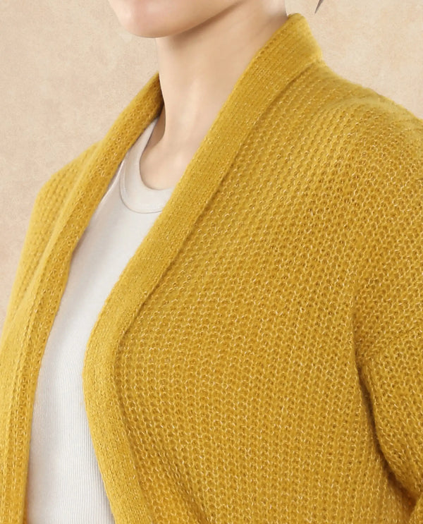 Rareism Women Jug Yellow Acrylic Polyester Fabric Relaxed Fit Plain Shrug