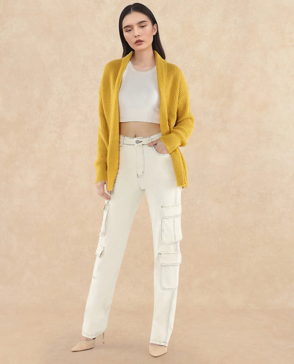 Rareism Women Jug Yellow Acrylic Polyester Fabric Relaxed Fit Plain Shrug