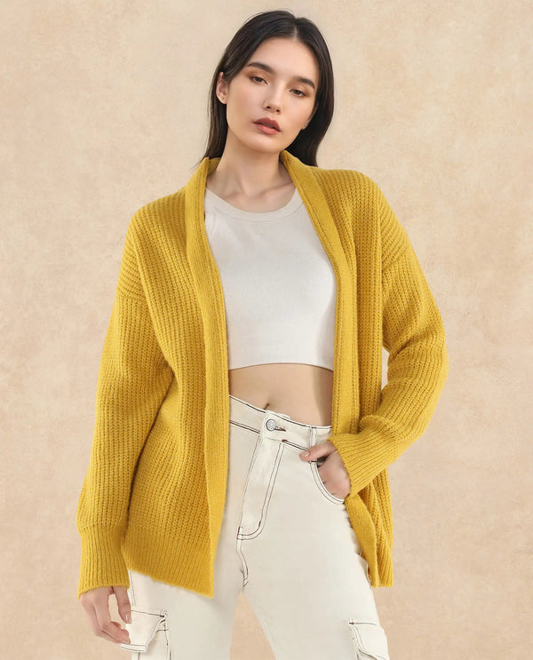 Rareism Women Jug Yellow Acrylic Polyester Fabric Relaxed Fit Plain Shrug