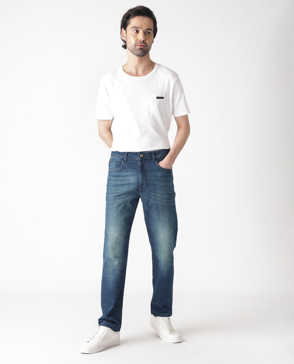 Rare Rabbit Men's Dunker Navy Mid-Rise Regular Fit Jeans