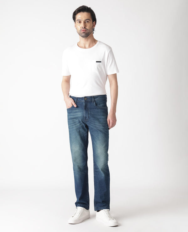 Rare Rabbit Men's Dunker Navy Mid-Rise Regular Fit Jeans