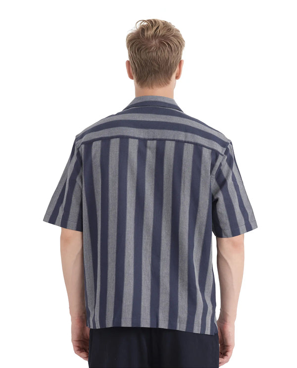Rare Rabbit Men's Dushan Navy Cotton Fabric Short Sleeve Cuban Collared Boxy Fit Striped Shirt