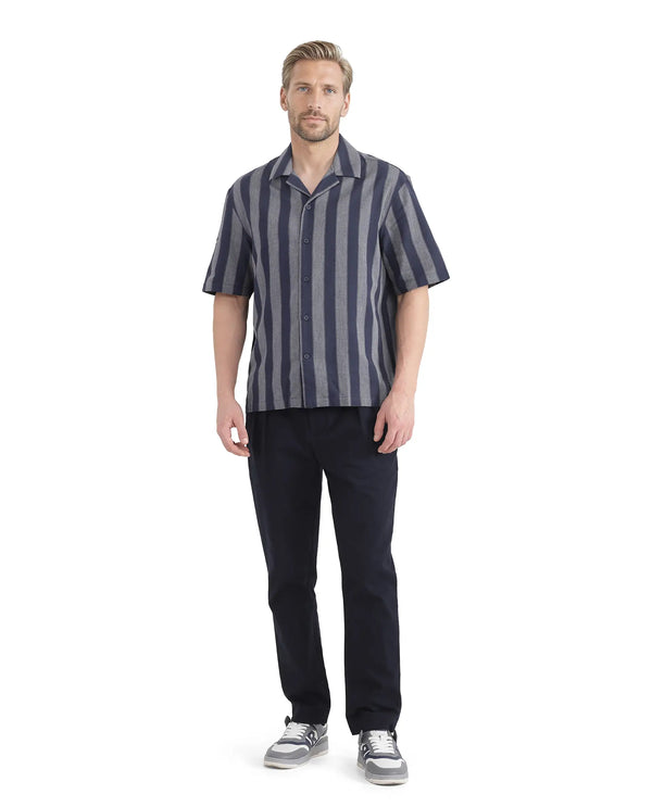 Rare Rabbit Men's Dushan Navy Cotton Fabric Short Sleeve Cuban Collared Boxy Fit Striped Shirt