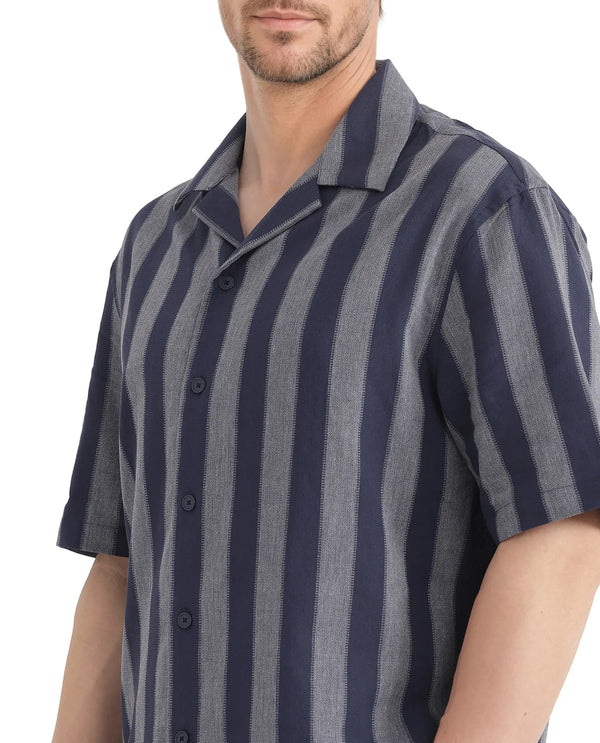 Rare Rabbit Men's Dushan Navy Cotton Fabric Short Sleeve Cuban Collared Boxy Fit Striped Shirt