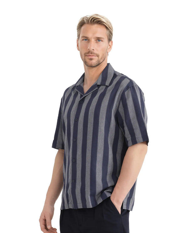 Rare Rabbit Men's Dushan Navy Cotton Fabric Short Sleeve Cuban Collared Boxy Fit Striped Shirt