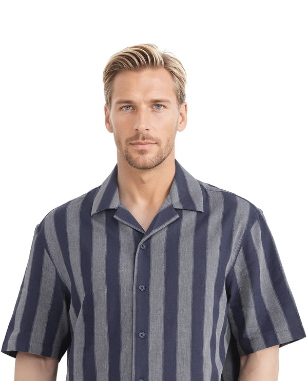 Rare Rabbit Men's Dushan Navy Cotton Fabric Short Sleeve Cuban Collared Boxy Fit Striped Shirt