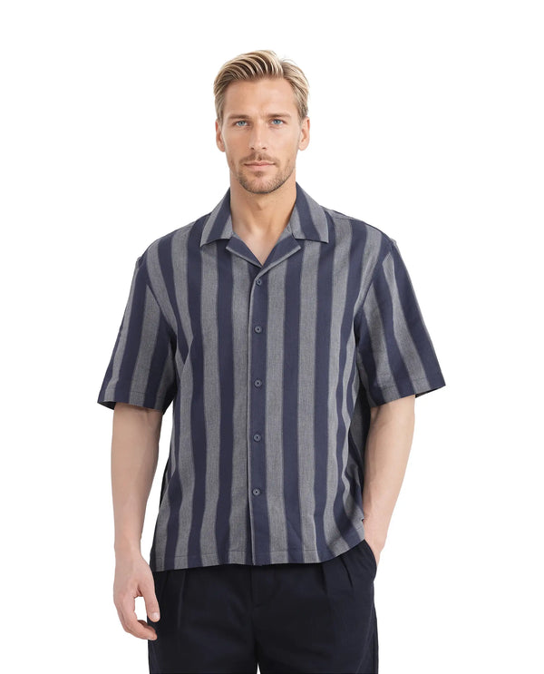 Rare Rabbit Men's Dushan Navy Cotton Fabric Short Sleeve Cuban Collared Boxy Fit Striped Shirt