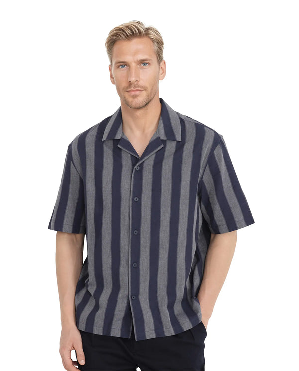 Rare Rabbit Men's Dushan Navy Cotton Fabric Short Sleeve Cuban Collared Boxy Fit Striped Shirt