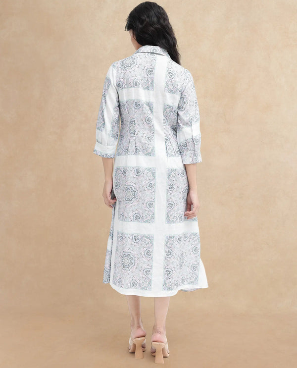 Rareism Women Dusturn Multi Cotton Linen Fabric Regular Sleeves Collared Neck Abstract Print Longline Dress