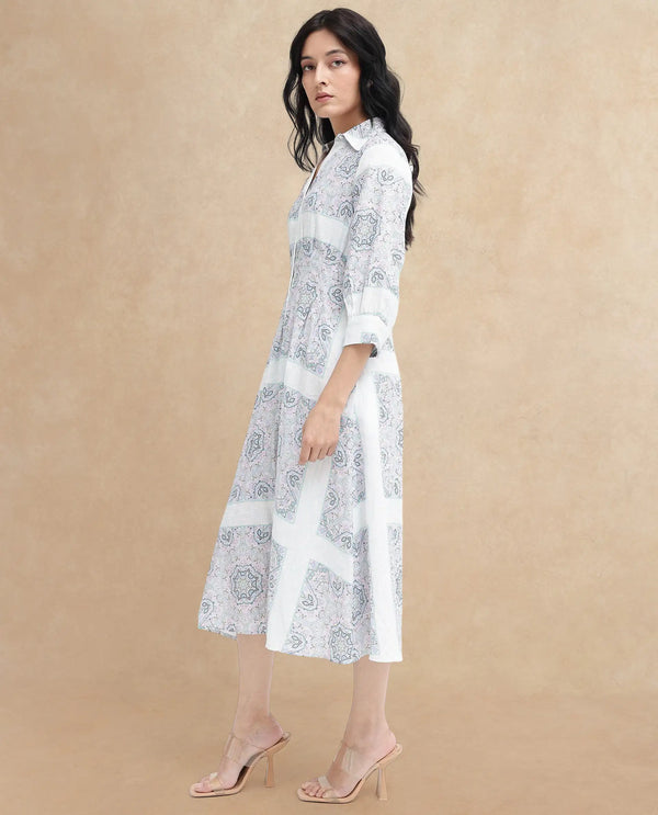Rareism Women Dusturn Multi Cotton Linen Fabric Regular Sleeves Collared Neck Abstract Print Longline Dress