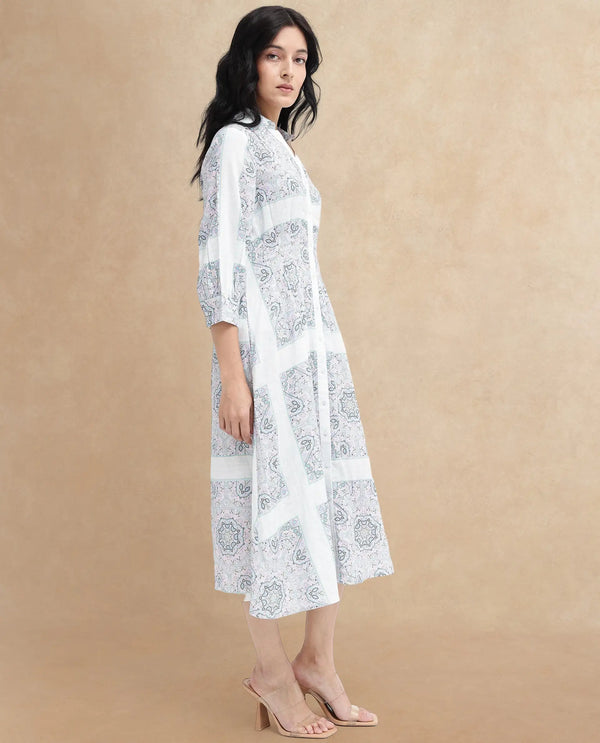 Rareism Women Dusturn Multi Cotton Linen Fabric Regular Sleeves Collared Neck Abstract Print Longline Dress