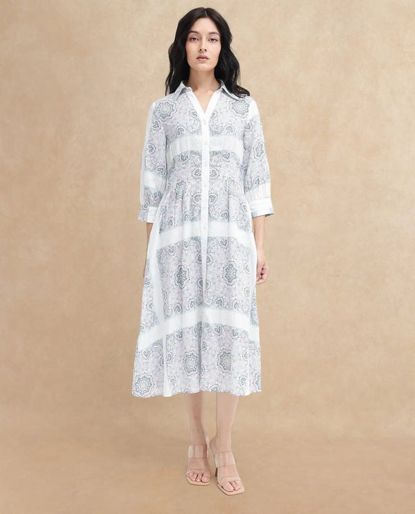 Rareism Women Dusturn Multi Cotton Linen Fabric Regular Sleeves Collared Neck Abstract Print Longline Dress