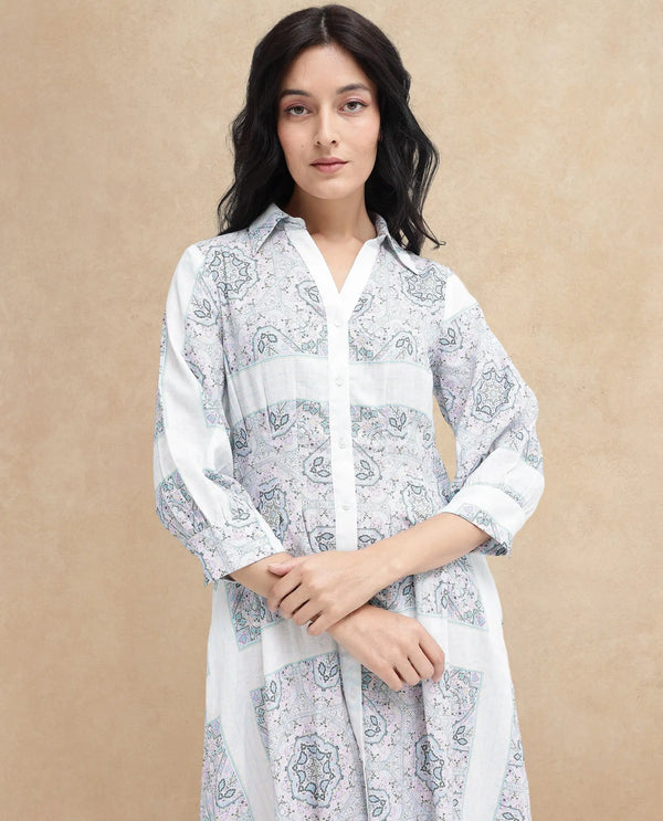 Rareism Women Dusturn Multi Cotton Linen Fabric Regular Sleeves Collared Neck Abstract Print Longline Dress