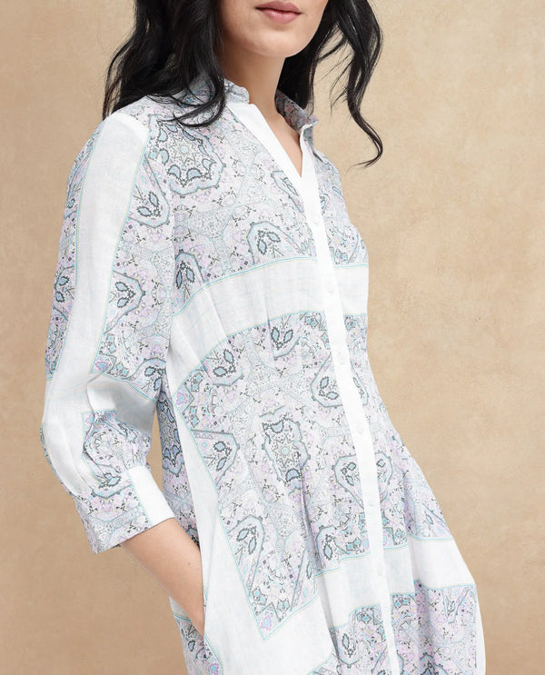 Rareism Women Dusturn Multi Cotton Linen Fabric Regular Sleeves Collared Neck Abstract Print Longline Dress