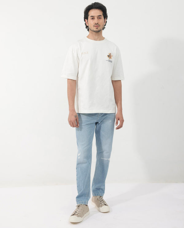 Rare Rabbit Articale Men's Cher Off White Cotton Fabric Crew Neck Oversized Fit Graphic Print T-Shirt