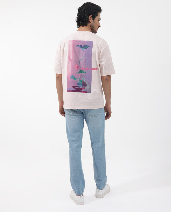 Rare Rabbit Articale Men's Dutton Pink Cotton Polyester Fabric Crew Neck Oversized Fit Graphic Print T-Shirt