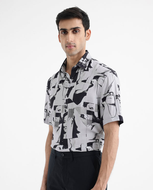 Rare Rabbit Men's Duval SS Grey Viscose Fabric Short Sleeves Boxy Fit Abstract Print Shirt