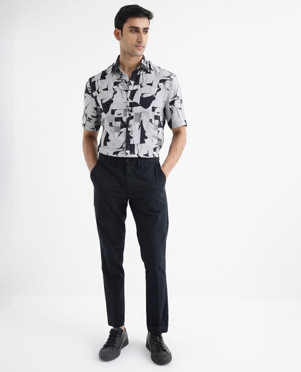 Rare Rabbit Men's Duval SS Grey Viscose Fabric Short Sleeves Boxy Fit Abstract Print Shirt