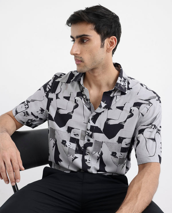 Rare Rabbit Men's Duval SS Grey Viscose Fabric Short Sleeves Boxy Fit Abstract Print Shirt