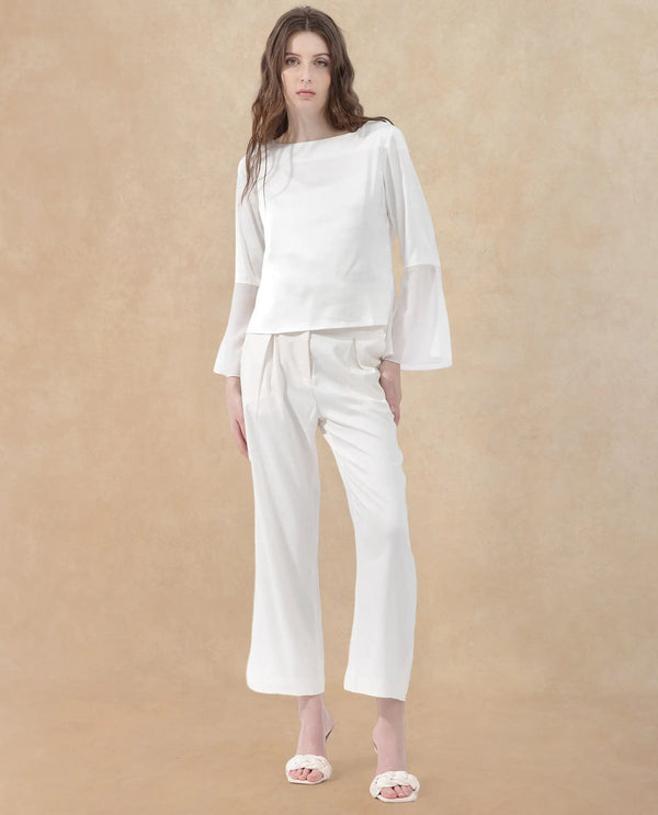 Rareism Women Duvall White Polyester Fabric Full Sleeve Round Neck Solid Regular Length Top
