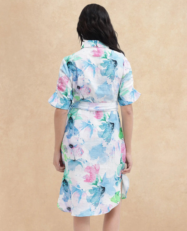 Rareism Women Dyusa Multi Cotton Fabric Short Sleeve Collared Neck Floral Print Longline Dress