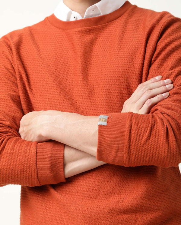 Rare Rabbit Men's Earl Rust Cotton Fabric Full Sleeves Textured Knitted Sweatshirt