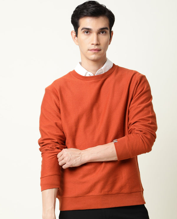Rare Rabbit Men's Earl Rust Cotton Fabric Full Sleeves Textured Knitted Sweatshirt