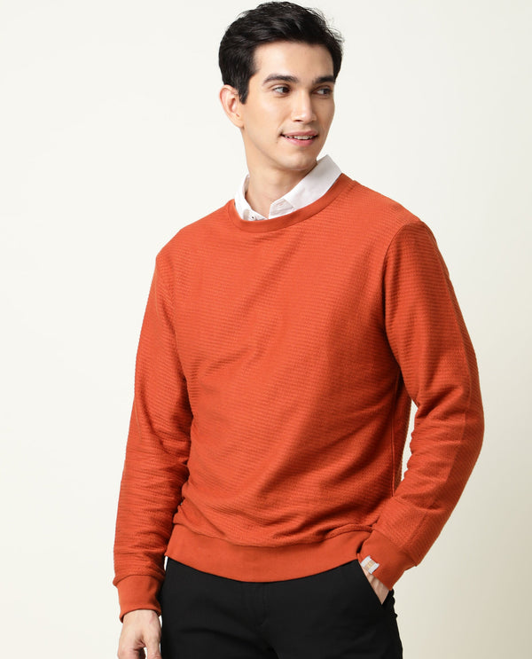 Rare Rabbit Men's Earl Rust Cotton Fabric Full Sleeves Textured Knitted Sweatshirt