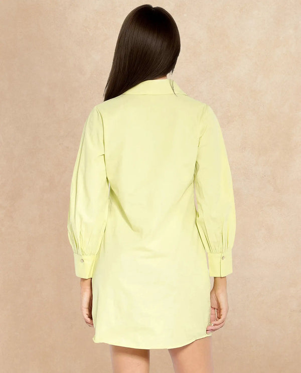 Rareism Women Earo Light Green Cuffed Sleeve Collared Neck Mini Plain Dress