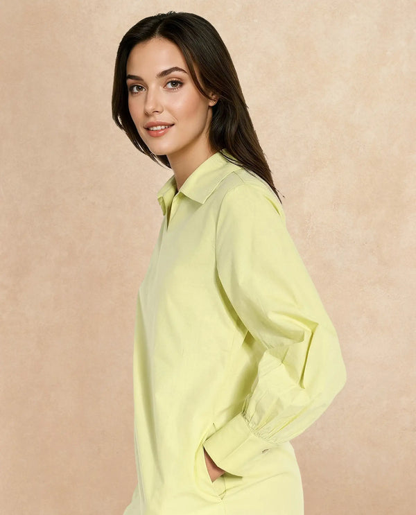 Rareism Women Earo Light Green Cuffed Sleeve Collared Neck Mini Plain Dress