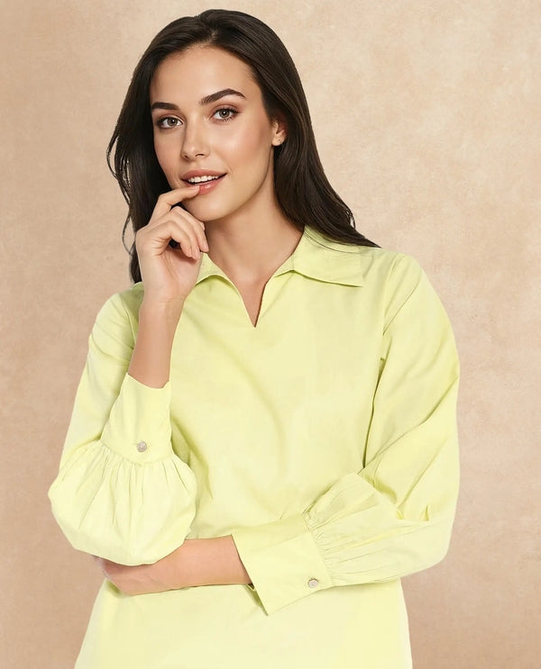 Rareism Women Earo Light Green Cuffed Sleeve Collared Neck Mini Plain Dress
