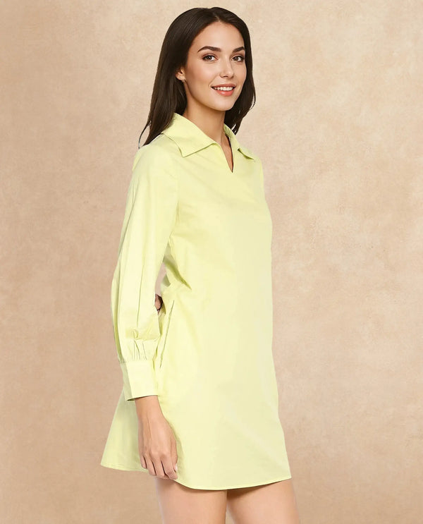 Rareism Women Earo Light Green Cuffed Sleeve Collared Neck Mini Plain Dress