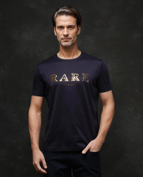 Rare Rabbit Men's Echon-1 Navy Cotton Fabric Short Sleeve Crew Neck Graphic Print T-Shirt