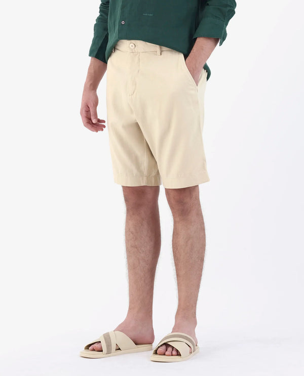 Rare Rabbit Men's Edam Beige Lyocell Cotton Linen Fabric Knee Length Relaxed Fit Solid Shorts