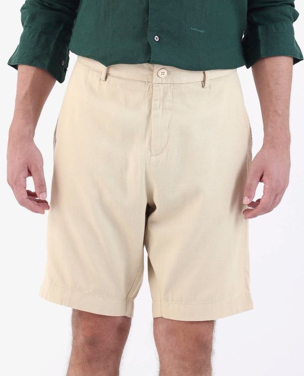 Rare Rabbit Men's Edam Beige Lyocell Cotton Linen Fabric Knee Length Relaxed Fit Solid Shorts