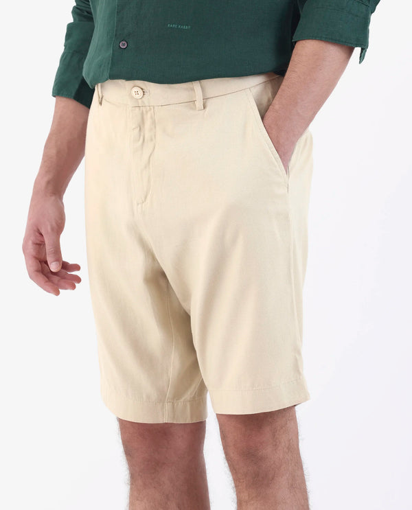 Rare Rabbit Men's Edam Beige Lyocell Cotton Linen Fabric Knee Length Relaxed Fit Solid Shorts